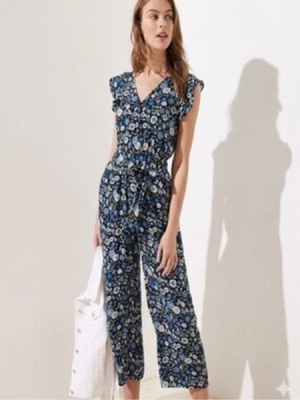 LOFT Blue Floral V-Neck Tie-Waist Jumpsuit